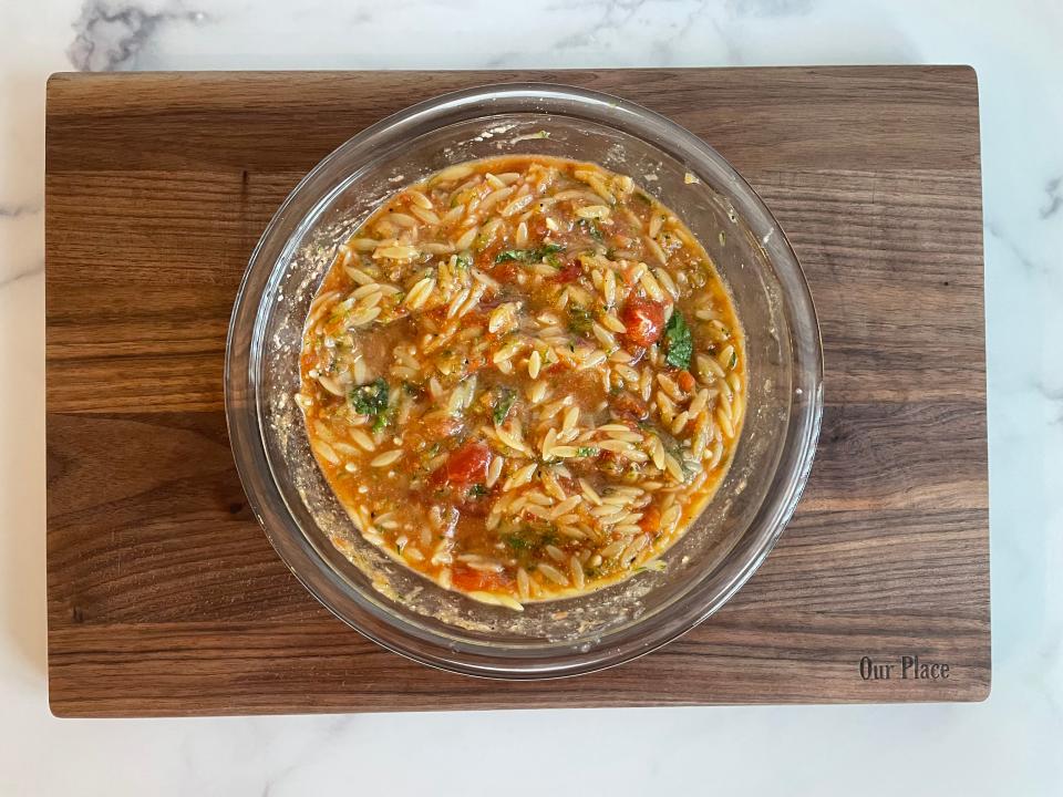 Orzo pasta and tomato mixture for stuffed peppers.