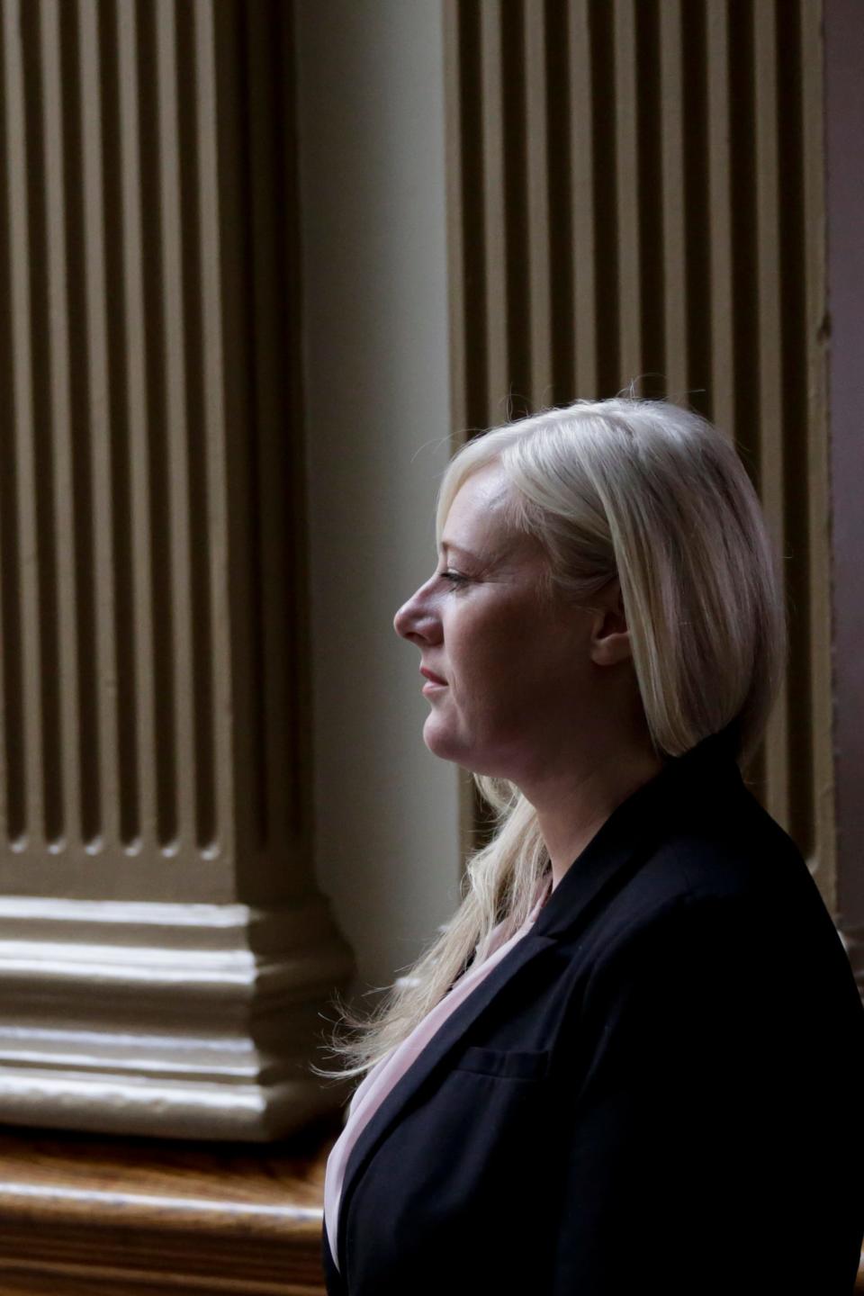 Kristine Barnett walks into Superior 2, Tuesday, Oct. 15, 2019 at the Tippecanoe County Courthouse in Lafayette. Barnett and her ex-husband, Michael Barnett, are accused of abandoning their adoptive daughter in Lafayette in 2013.