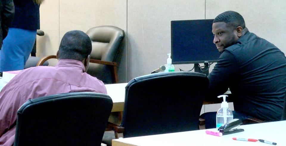 Vernon Sanders (right) and Avery Hopes talk during a sidebar before Superior Court Judge Jill Grace O'Malley declared a mistrial Thursday, March 23, 2023, in their murder trial at the Monmouth County Courthouse in Freehold.  The mistrial was declared after oone of the jurors felt bullied and was suffering from physical distress.    The men are charged in the murder of Denzel Morgan-Hicks in Asbury Park.  