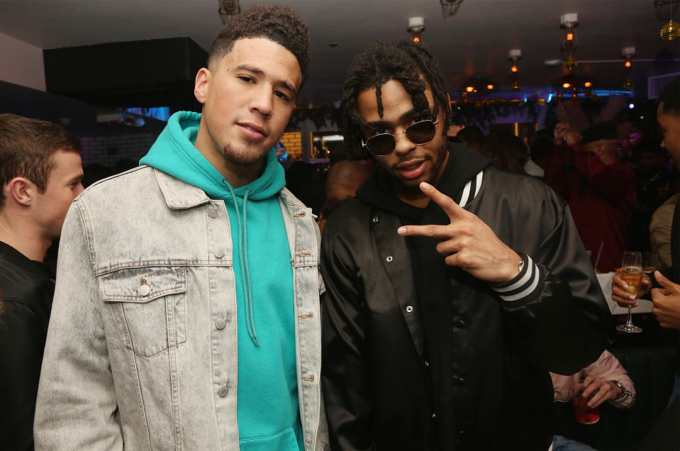 NEW YORK, NY - APRIL 10: Devin Booker and D'Angelo Russell are seen at Dwyane Wade's One Last Dance Retirement Party at CATCH NYC on April 10, 2019 in New York City.  (Photo by Bobby Metelus/Getty Images)