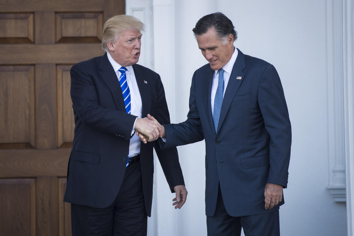 President-elect Donald Trump and Mitt Romney walk out of a meeting at Trump National Golf Club Bedminster in Bedminster Township, N.J., on Nov. 19, 2016. (Photo: Jabin Botsford/Washington Post via Getty Images)