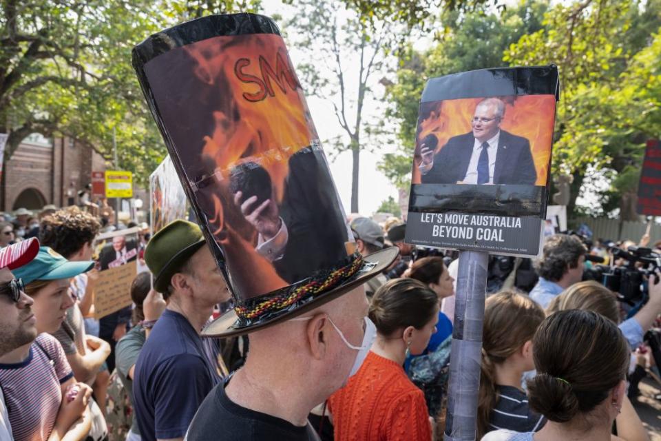 Scott Morrison who famously brought a lump of coal into parliament has increasingly drawn the ire of many protestors. Source: Getty