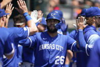 Kansas City Royals' Emmanuel Rivera celebrates his two-run home run against the Detroit Tigers in the second inning of a baseball game in Detroit, Sunday, July 3, 2022. (AP Photo/Paul Sancya)