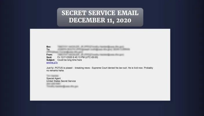 A screengrab of a Dec. 11, 2020, Secret Service email shown at Thursday's hearing. (Via the House select committee)