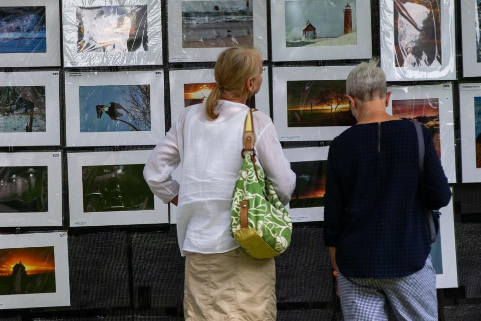 Guests observing pictures at art fair.