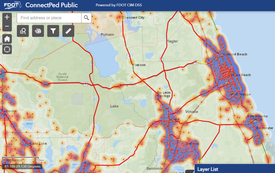 This heat map shows pedestrian crashes as logged by the Florida Department of Transportation. The map is created using the department's ConnectPed Public system.