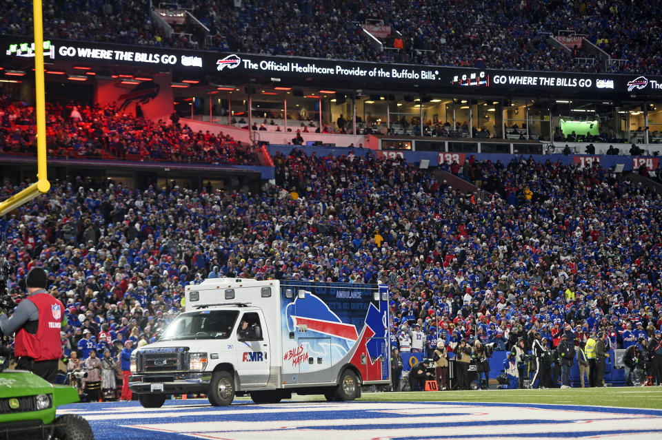 Buffalo Bills safety Taylor Rapp is taken from the field in an ambulance after being injured on a play during the first half of an NFL football game against the New York Jets in Orchard Park, N.Y., Sunday, Nov. 19, 2023. (AP Photo/Adrian Kraus)