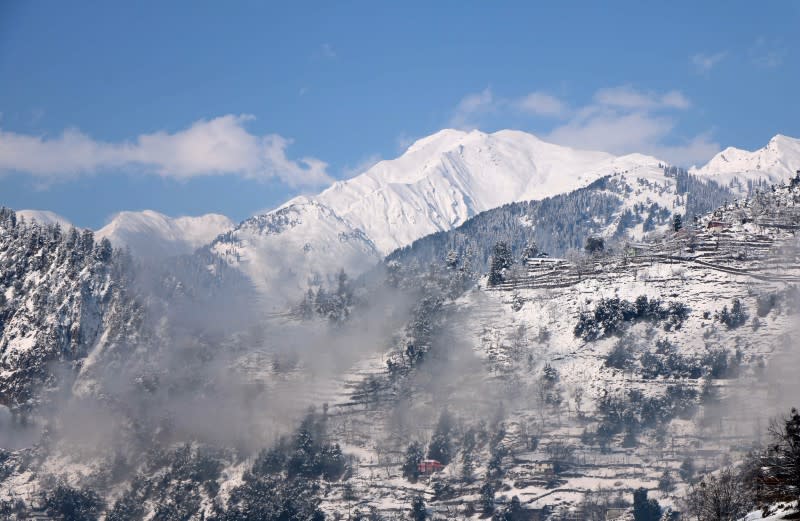 A general view of snow-covered mountains after a heavy snowfall in Neelum Valley