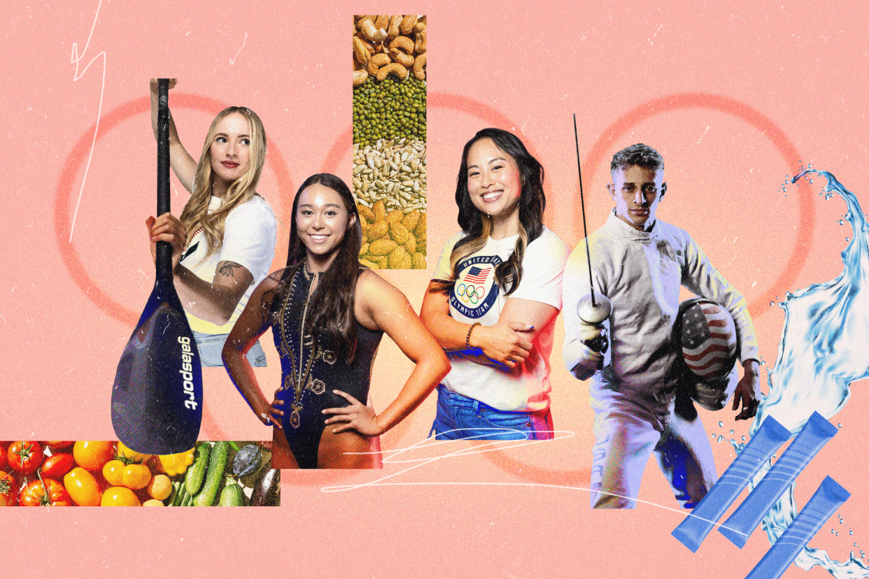 A photo illustration of Evy Leibfarth, Megumi Field, Sunny Choi and Nick Itkin along with snacks ranging from veggies and nuts and seeds to protein bars.