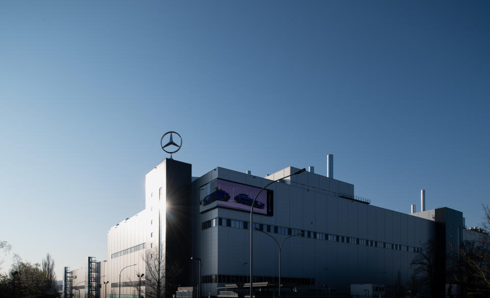 SINDELFINGEN, GERMANY - APRIL 08: The Mercedes-Benz factory, where car production has been halted, seen during the coronavirus crisis on April 8, 2020 in Sindelfingen, Germany. Auto production among Germany's major car companies, including Mercedes, Volkswagen and BMW, was halted approximately three weeks ago due to consequences created by the spread of the coronavirus across Europe. Workers at the Mercedes Sindelfingen plant are receiving 80% of their wages through Germany's federal Kurzarbeit program and Daimler AG, Mercedes's parent company, is topping it up to 90%. How long this can last though remains uncertain as the number of cases of Covid-19 infection, in Germany now at over 100,000, continues to rise as does the number of deaths. (Photo by Matthias Hangst/Getty Images)