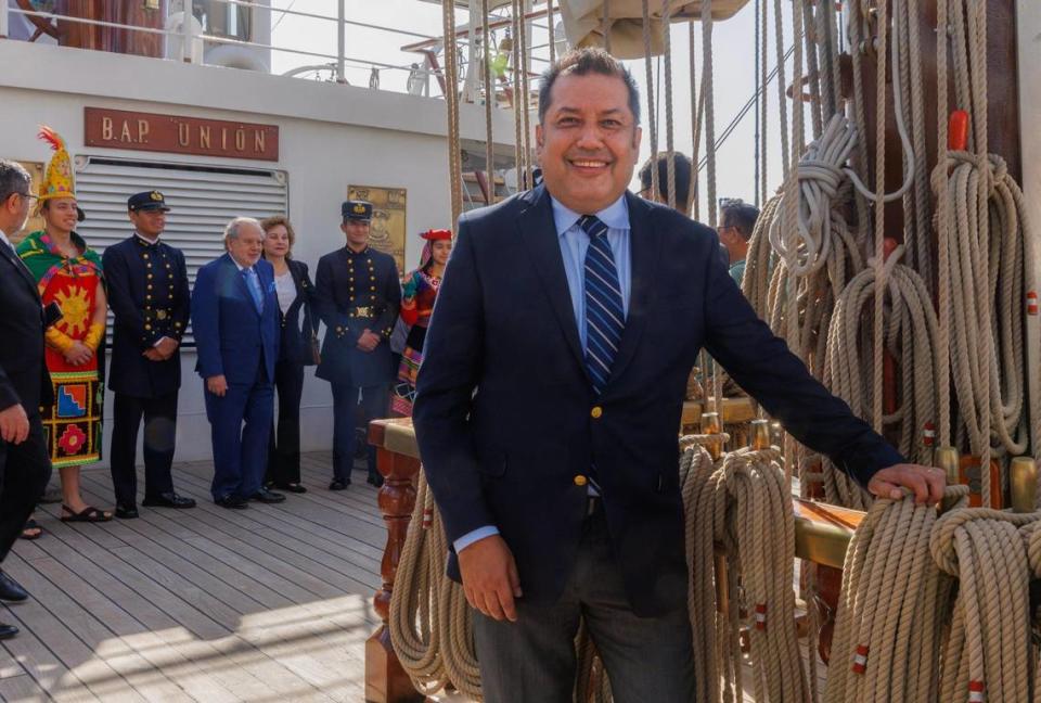 Max Rodriguez Guillen, director of the Trade Commission office of Peru in Miami, posed aboard of the B.A.P. Unión, after the colossal four-masted flagship of the Peruvian Navy, docked at the Maurice Ferré Park, in Miami for a visit between March 13th through 17th, on Wednesday, March 13, 2024.
