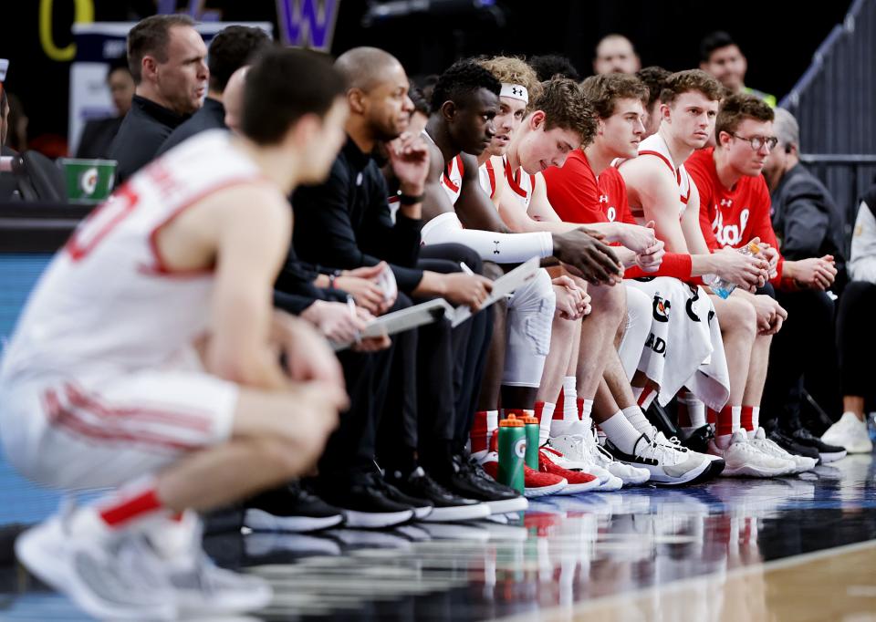 The Utah Utes bench looks on as Utah and Stanford play in Pac-12 Tournament action at T-Mobile Arena in Las Vegas.