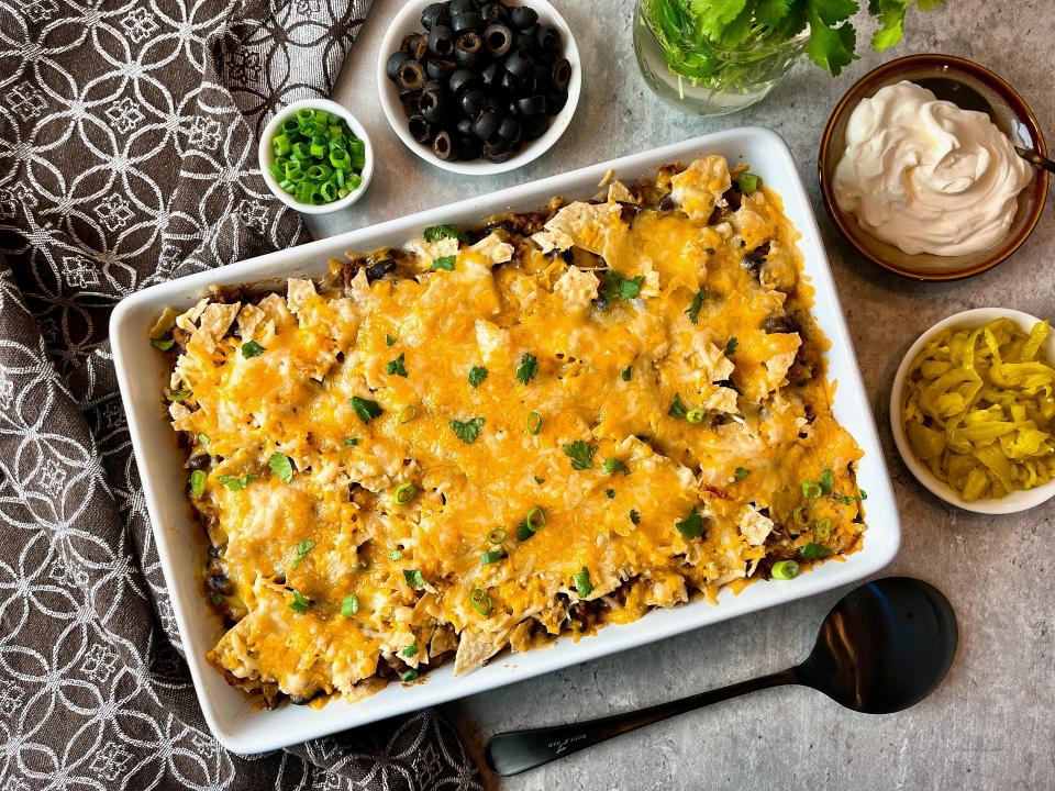 Dinner feels like a party with ground beef nacho casserole.