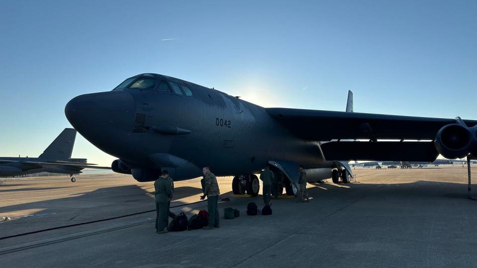 A B-52H bomber, dubbed the Red Gremlin II, sits on the flight line before a Jan. 4, 2024, training flight at Barksdale Air Force Base, La. (Stephen Losey/Staff)