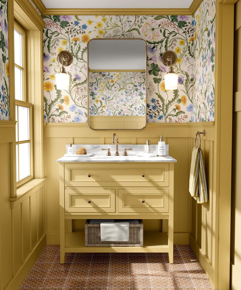 bright yellow bathroom with a sink and a mirror