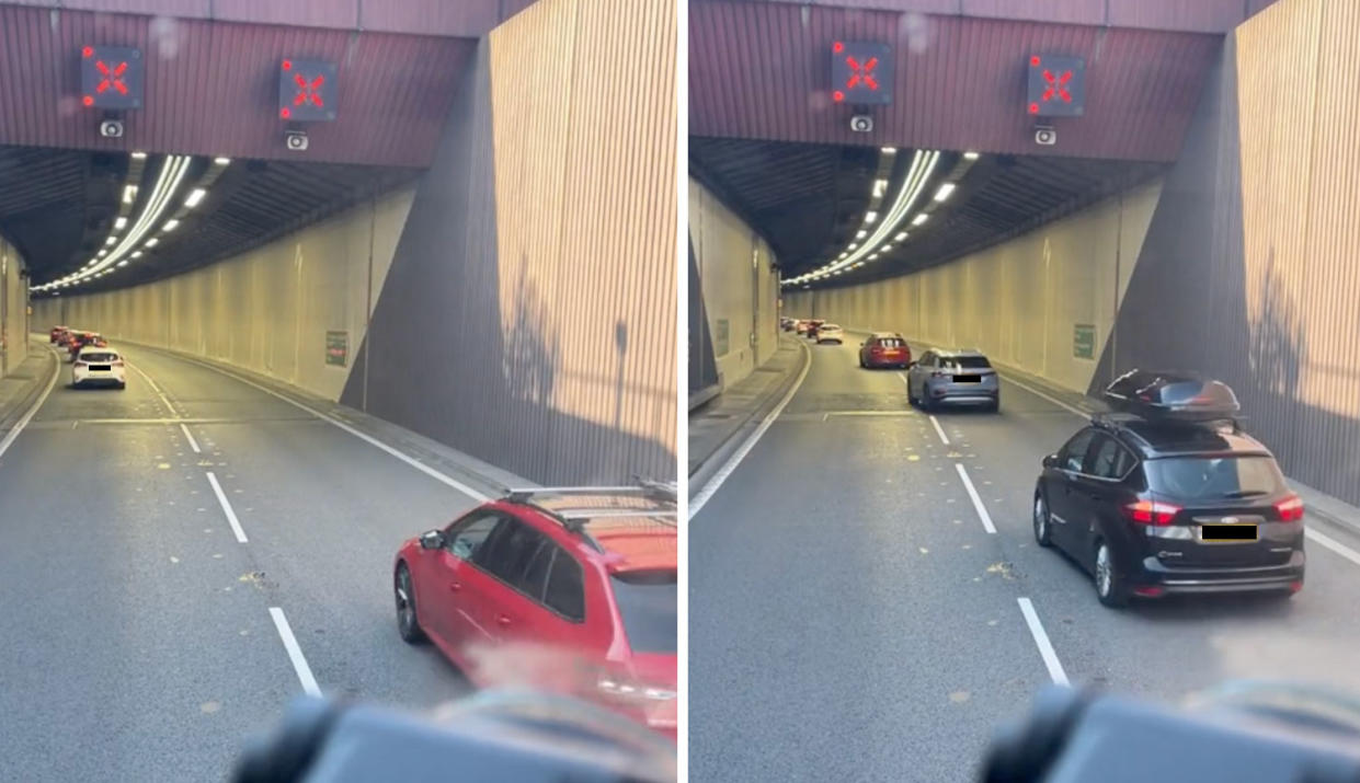 A lorry driver filmed multiple cars driving into the Conwy tunnel in Wales. 