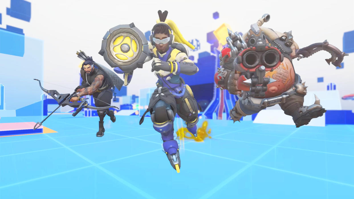  Three Overwatch heroes running toward the screen in a blue and white abstract level environment. 