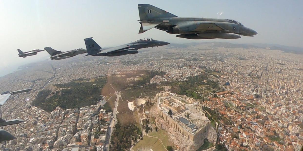 US Italian Greek fighter jets over Acropolis in Greece