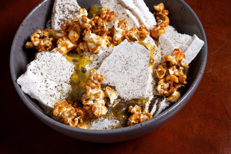 WASHINGTON, DC - SEPTEMBER 12, 2019:  Suspiro Mexico - Manjar blanco, caramel corn, ash, meringue at Poca Madre in Washington, DC on September 12, 2019. (Photo by Deb Lindsey for The Washington Post via Getty Images).