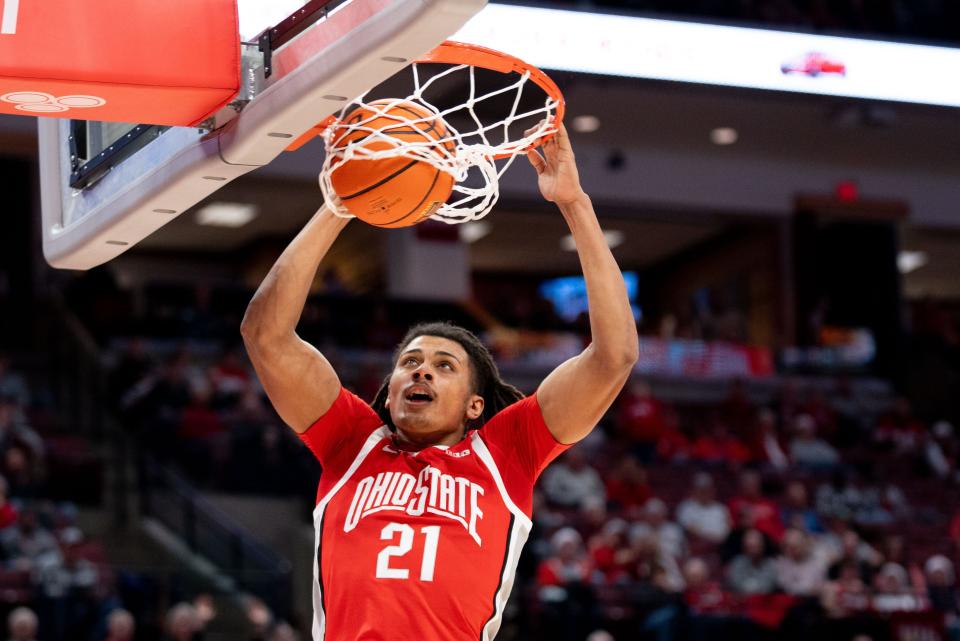 Dec 21, 2023; Columbus, OH, USA;
Ohio State Buckeyes forward Devin Royal (21) dunks the ball during their game against the New Orleans Privateers on Thursday, Dec. 21, 2023 at Value City Arena.