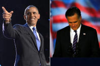 <b>Präsidentschaftswahlen in USA</b><br><br>Am Ende wirft sich erneut Präsident Barack Obama (l.) in Siegerpose, herzt Frau und Tochter, lobt das Militär und kündigt an, dass das Beste noch kommen werde. Am 6. November gewinnt der Demokrat einen monatelangen und Milliarden Dollar teuren Wahlkampf gegen Herausforderer und Republikaner Mitt Romney (r.). (Bilder: AFP)