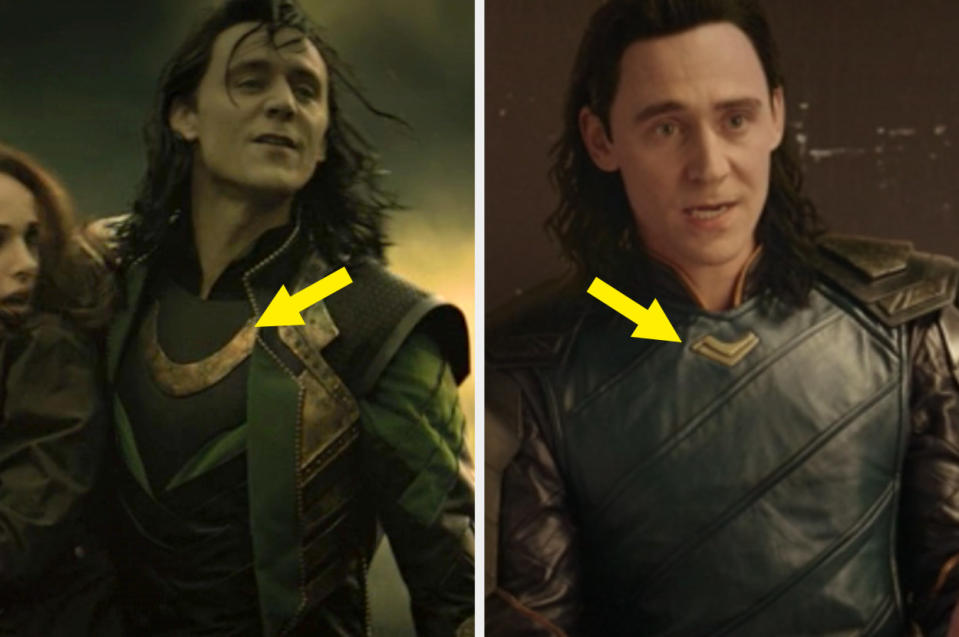 Loki's large, gold necklace in Dark World vs. Loki's small, gold mini necklace in Ragnarok