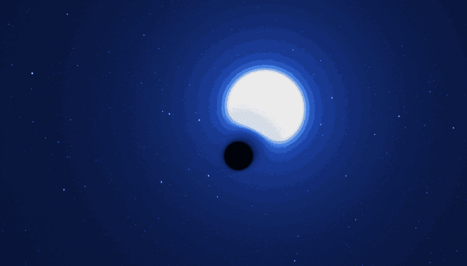 In the VFTS 243 system, the stellar companion and black hole (which are not shown to scale) orbit each other. Notice that there is no accretion disk present. <a href="https://www.eso.org/public/videos/eso2210b/" rel="nofollow noopener" target="_blank" data-ylk="slk:ESO/L. Calçada;elm:context_link;itc:0;sec:content-canvas" class="link ">ESO/L. Calçada</a>, <a href="http://creativecommons.org/licenses/by/4.0/" rel="nofollow noopener" target="_blank" data-ylk="slk:CC BY;elm:context_link;itc:0;sec:content-canvas" class="link ">CC BY</a>
