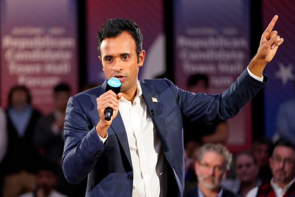 Republican presidential candidate Vivek Ramaswamy speaks during the Seacoast Media Group and USA TODAY Network 2024 Republican Presidential Candidate Town Hall Forum held in the historic Exeter Town Hall in Exeter, New Hampshire. The entrepreneur spoke to prospective New Hampshire voters about issues during the hour-long forum.