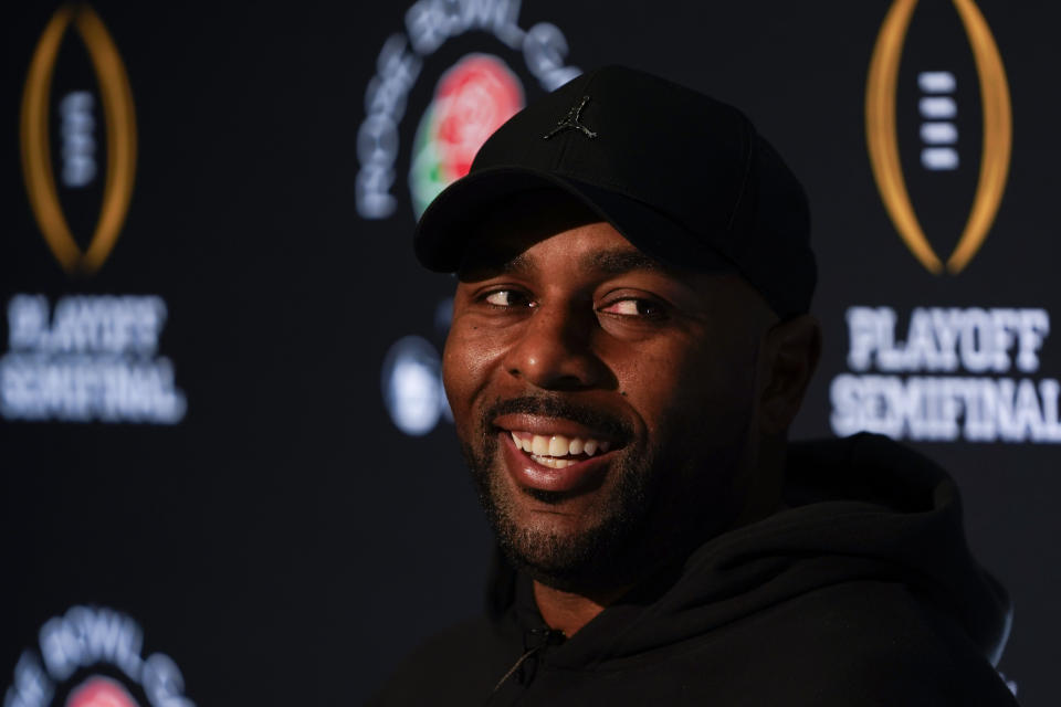 Michigan offensive coordinator Sherrone Moore speaks to reporters during a press conference Friday, Dec. 29, 2023, in Los Angeles. Michigan is scheduled to play against Alabama on New Year's Day in the Rose Bowl, a semifinal in the College Football Playoff. (AP Photo/Ryan Sun)