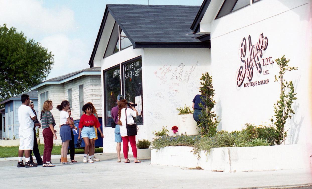 Fans line up outside Selena Etc. boutique and salon in the 4600 block of Everhart Road in Corpus Christi on April 20, 1995. The boutique was opening for the first time since singer Selena Quintanilla-Perez had been killed March 31 that year.