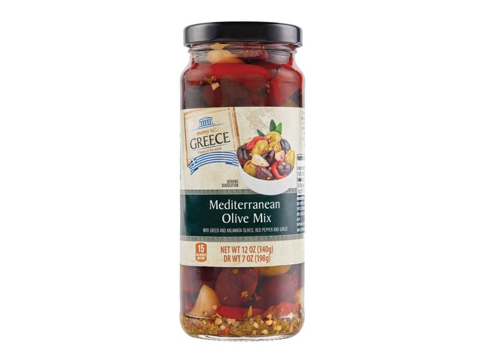 A jar of Journey To Greece Mediterranean olive mix.