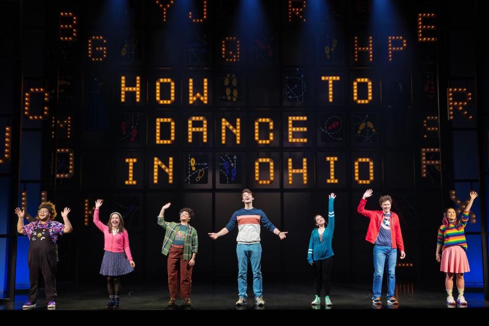 Madison Kopec, fifth from the left, appears with the appears the cast in a scene from the new Broadway musical "How to Dance in Ohio," which premiered Dec. 10, 2023, at the Belasco Theatre in New York City. The coming-of-age musical is based on an HBO documentary about autistic people, and the actors in the ensemble also are autistic.