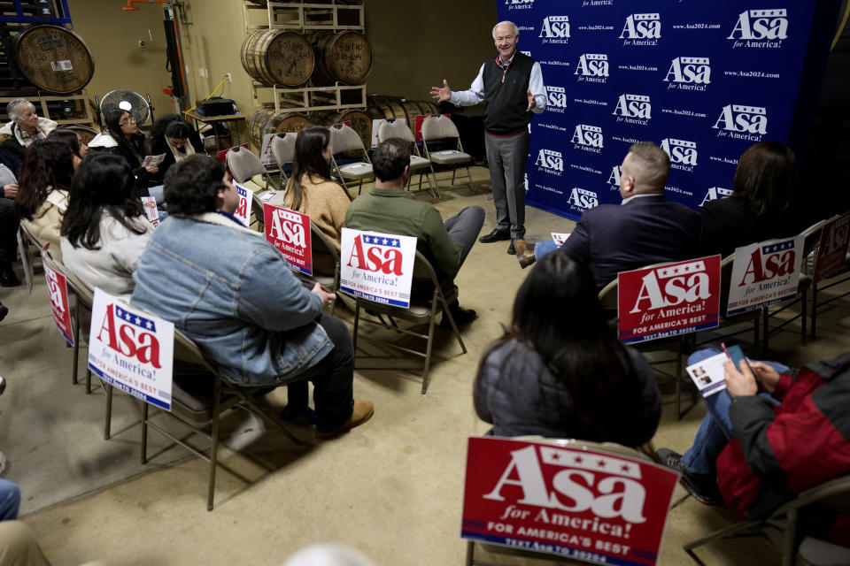 FILE - Republican presidential candidate former Arkansas Gov. Asa Hutchinson speaks during a campaign event, Jan. 3, 2024, in Des Moines, Iowa. Hutchinson is dropping out of the race for the Republican presidential nomination after finishing sixth in Iowa's leadoff caucuses. The former Arkansas governor said Tuesday, Jan. 16, 2024, that his poor performance in Iowa showed him that he has no path to the Republican nomination. (AP Photo/Charlie Neibergall, File)