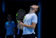 Tennis - ATP World Tour Finals - The O2 Arena, London, Britain - November 12, 2017 USA's Jack Sock reacts during his group stage match against Switzerland's Roger Federer Action Images via Reuters/Tony O'Brien