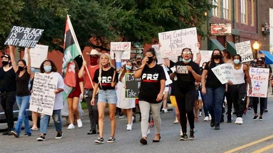 A Gainesville Confederate memorial and social justice protest Aug. 30, 2020. Three leaders went to trial over walking in the street.