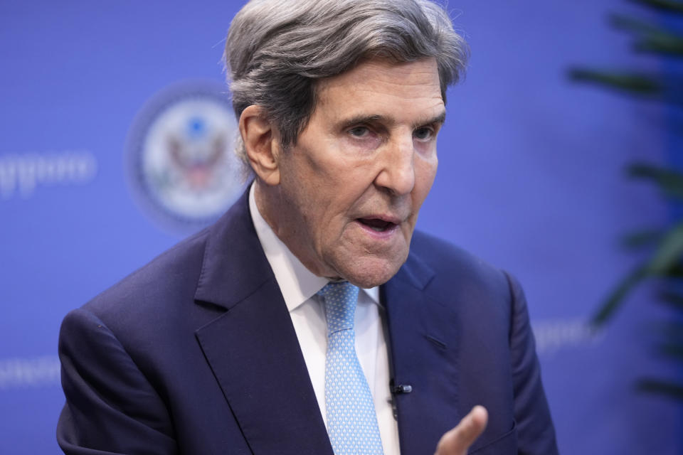 U.S. Special Presidential Envoy for Climate John Kerry speaks during an interview with The Associated Press at the U.S. Consulate General after the G-7 ministers' meeting on climate, energy and environment in Sapporo, northern Japan, Sunday, April 16, 2023. So much has been invested in clean energy that there can be no rolling back of moves to end carbon emissions, though much more needs to be done much faster to prevent the worst impacts of climate change, U.S. Presidential Envoy John Kerry said Sunday. (AP Photo/Hiro Komae)