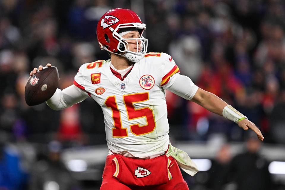 BALTIMORE, MD - JANUARY 28: Patrick Mahomes #15 of the Kansas City Chiefs looks to throw the football during the second half of the AFC Championship game against the Baltimore Ravens at M&T Bank Stadium on January 28, 2024 in Baltimore, Maryland. (Photo by Kathryn Riley/Getty Images)