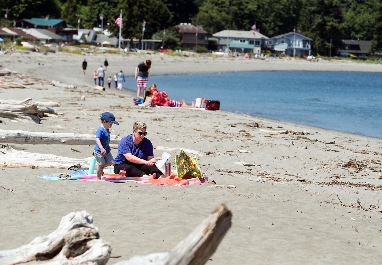 Tarin Kemp and son William, 3, of Kingston, look over pictures of different types of animal tracks as they prepare to search for imprints in the sand along the shore at Point No Point in Hansville on June 28.