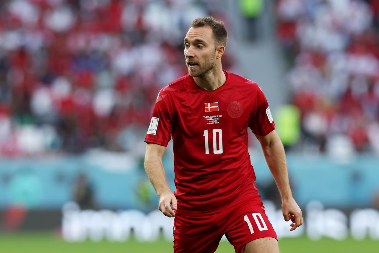 AL RAYYAN, QATAR - NOVEMBER 22: Christian Eriksen of Denmark looks on during the FIFA World Cup Qatar 2022 Group D match between Denmark and Tunisia at Education City Stadium on November 22, 2022 in Al Rayyan, Qatar. (Photo by Lars Baron/Getty Images)