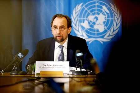 United Nations High Commissioner for Human Rights Zeid Ra'ad al-Hussein of Jordan speaks during a news conference at the United Nations European headquarters in Geneva, Switzerland, May 1, 2017. REUTERS/Pierre Albouy/Files