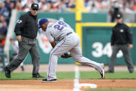 DETROIT, MI - OCTOBER 13: Adrian Beltre #29 of the Texas Rangers fields a ground ball from Victor Martinez #41 of the Detroit Tigers in the second inning of Game Five of the American League Championship Series at Comerica Park on October 13, 2011 in Detroit, Michigan. (Photo by Leon Halip/Getty Images)