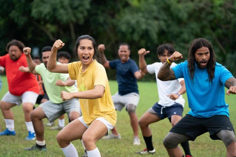 Kaimana and the cast of Next Goal Wins (Image: Hilary Bronwyn Gayle. Courtesy of Searchlight Pictures. © 2022 20th Century Studios All Rights Reserved)