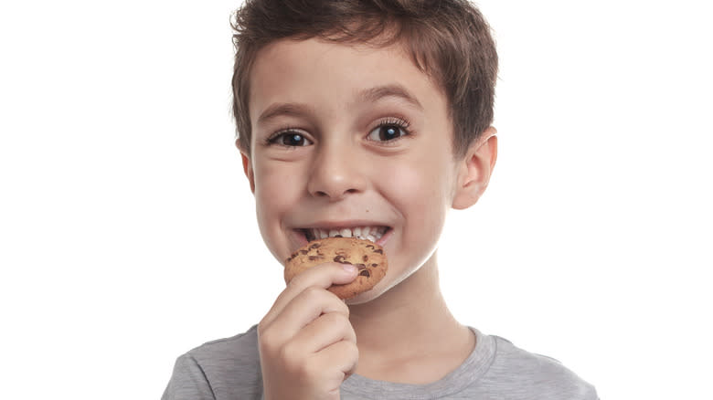 Boy eating chocolate chip cookie