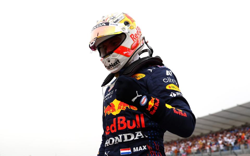 Pole position qualifier Max Verstappen of Netherlands and Red Bull Racing celebrates in parc ferme during qualifying ahead of the F1 Grand Prix of France at Circuit Paul Ricard on June 19, 2021 in Le Castellet, France - Formula 1/Formula 1 via Getty Images