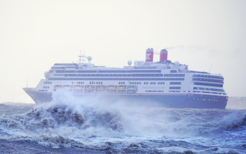 The cruise ship Borealis navigates on the river Mersey, as Storm Barra hit the UK and Ireland with disruptive winds, heavy rain and snow. Picture date: Wednesday December 8, 2021. (Photo by Peter Byrne/PA Images via Getty Images)