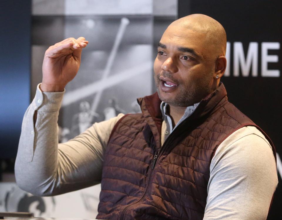 Richard Seymour speaks to the media at the Pro Football Hall of Fame in Canton on Monday, March 14, 2022. Seymour is a member of the Class of 2022.