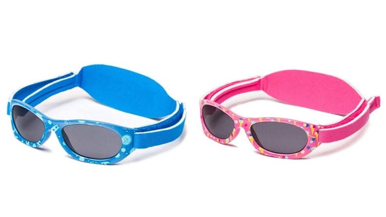 These baby sunglasses have terrific protection and soft, wraparound straps that velcro close.