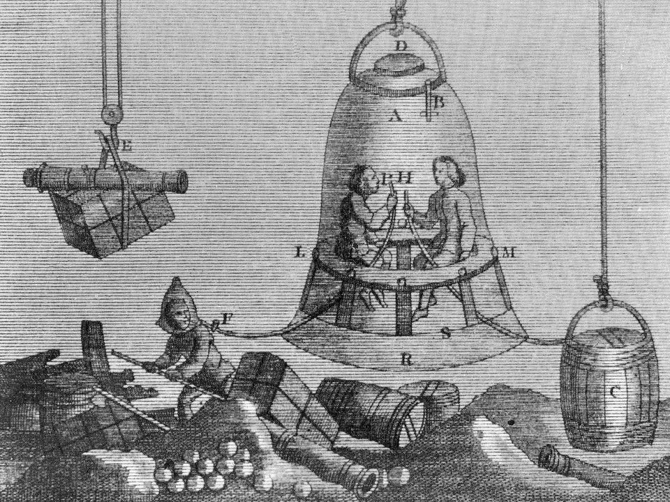 An engraving of Edmund Halley’s Diving Bell.