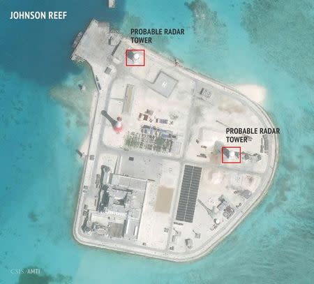 A satellite image released by the Asian Maritime Transparency Initiative at Washington's Center for Strategic and International Studies shows construction of possible radar tower facilities in the Spratly Islands in the disputed South China Sea in this image released on February 23, 2016. REUTERS/CSIS Asia Maritime Transparency Initiative/DigitalGlobe/Handout via Reuters