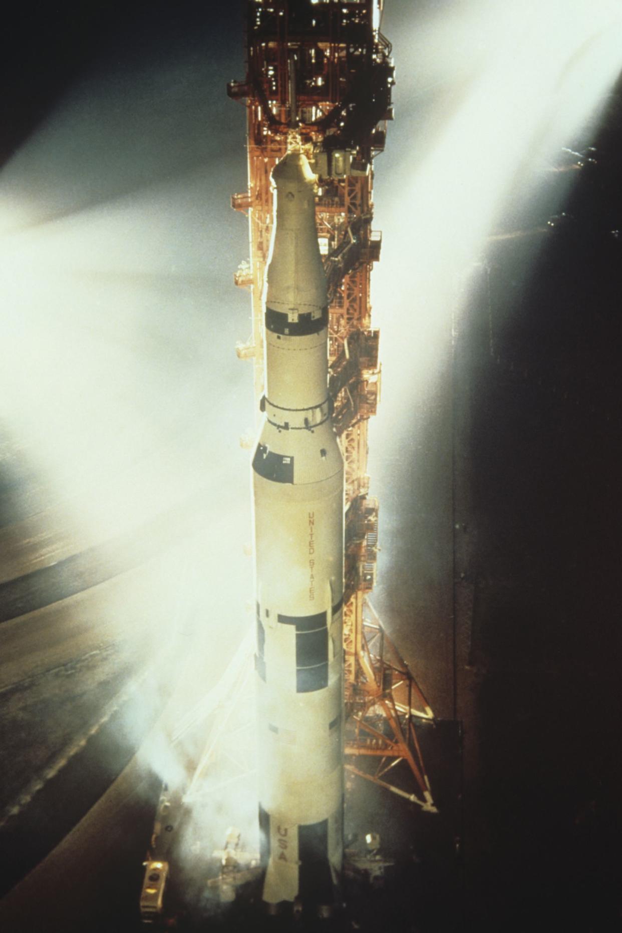 The Apollo 16 Saturn 5 space rocket on the launch pad at the Kennedy Space Center in Florida, prior to the lunar landing mission, 1972